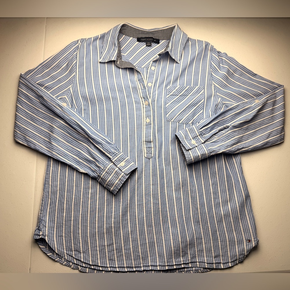 Tommy Hilfiger Women’s blue and white striped half button down shirt Size L